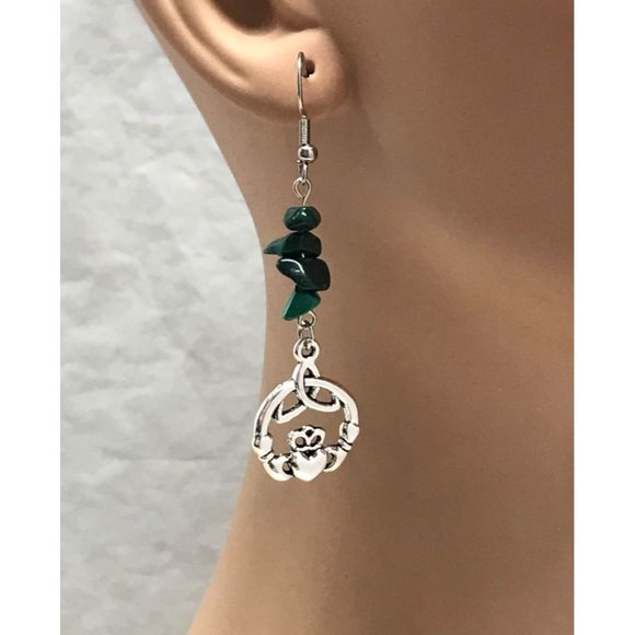 Claddagh Green Malachite Earrings - Picture 3 of 9